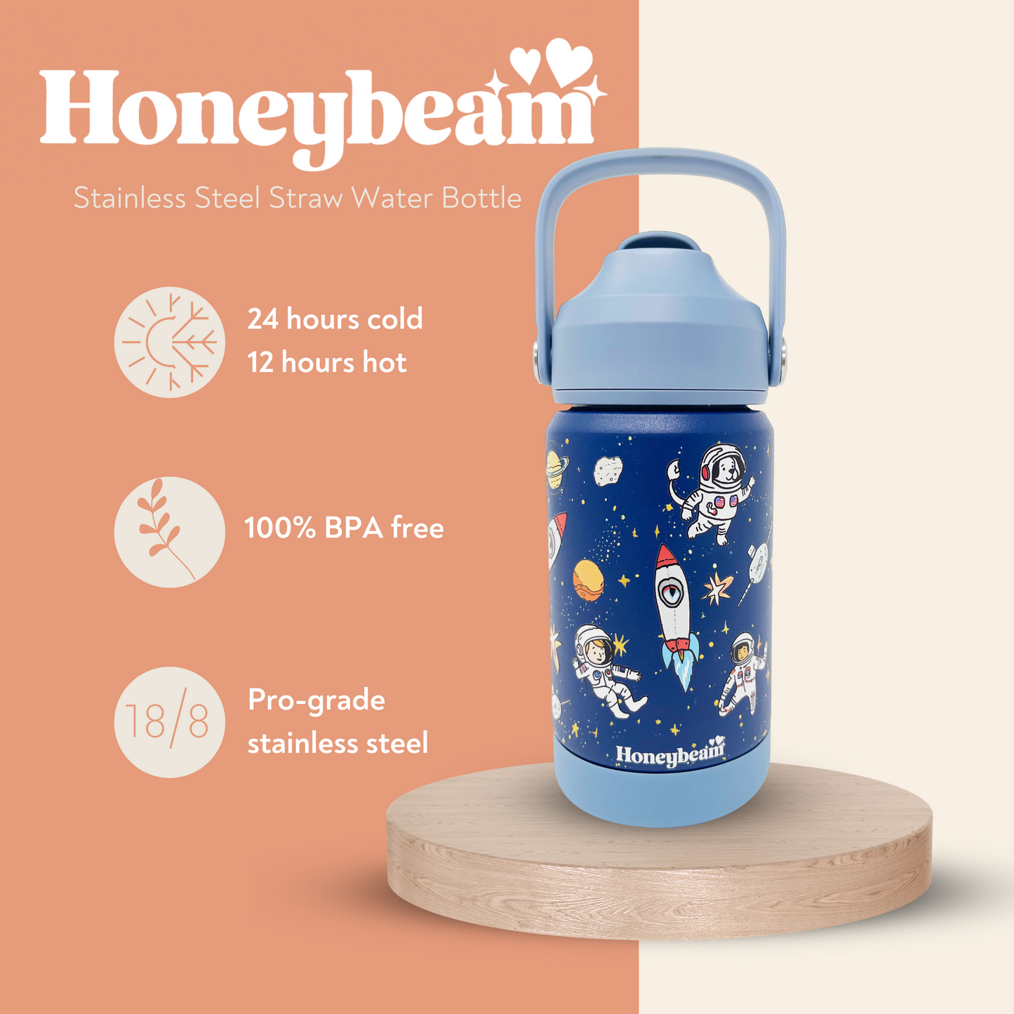 Blast Off! Kids Stainless Steel Water Bottle With Straw 350ml